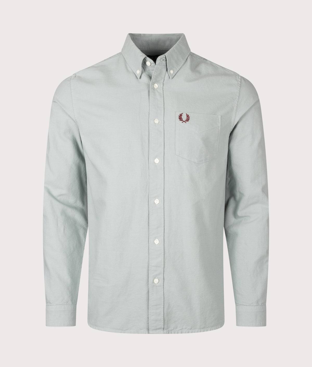 Fred Perry essential Regular Fit Oxford Shirt in Silver Blue at EQVVS Menswear. Front shot.
