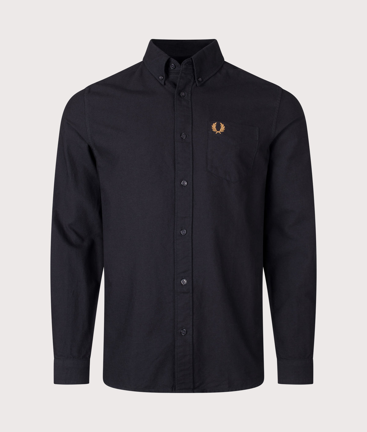 Fred Perry Regular Fit Oxford Shirt in Black at EQVVS Menswear. Front shot.