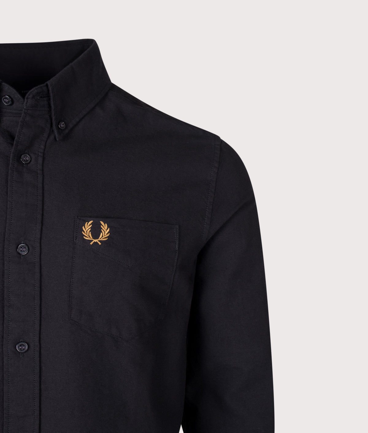 Fred Perry Regular Fit Oxford Shirt in Black at EQVVS Menswear. Detail shot.