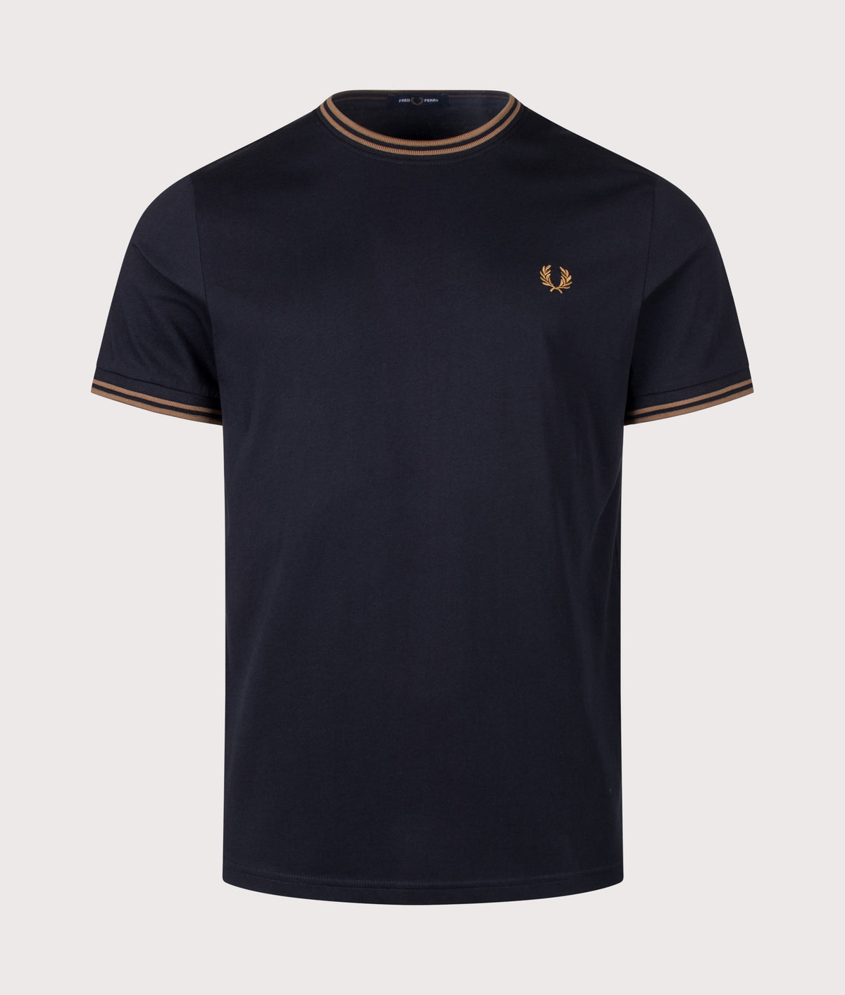 Fred Perry Twin Tipped T-Shirt in Navy and Bronze at EQVVS Menswear. Front shot.