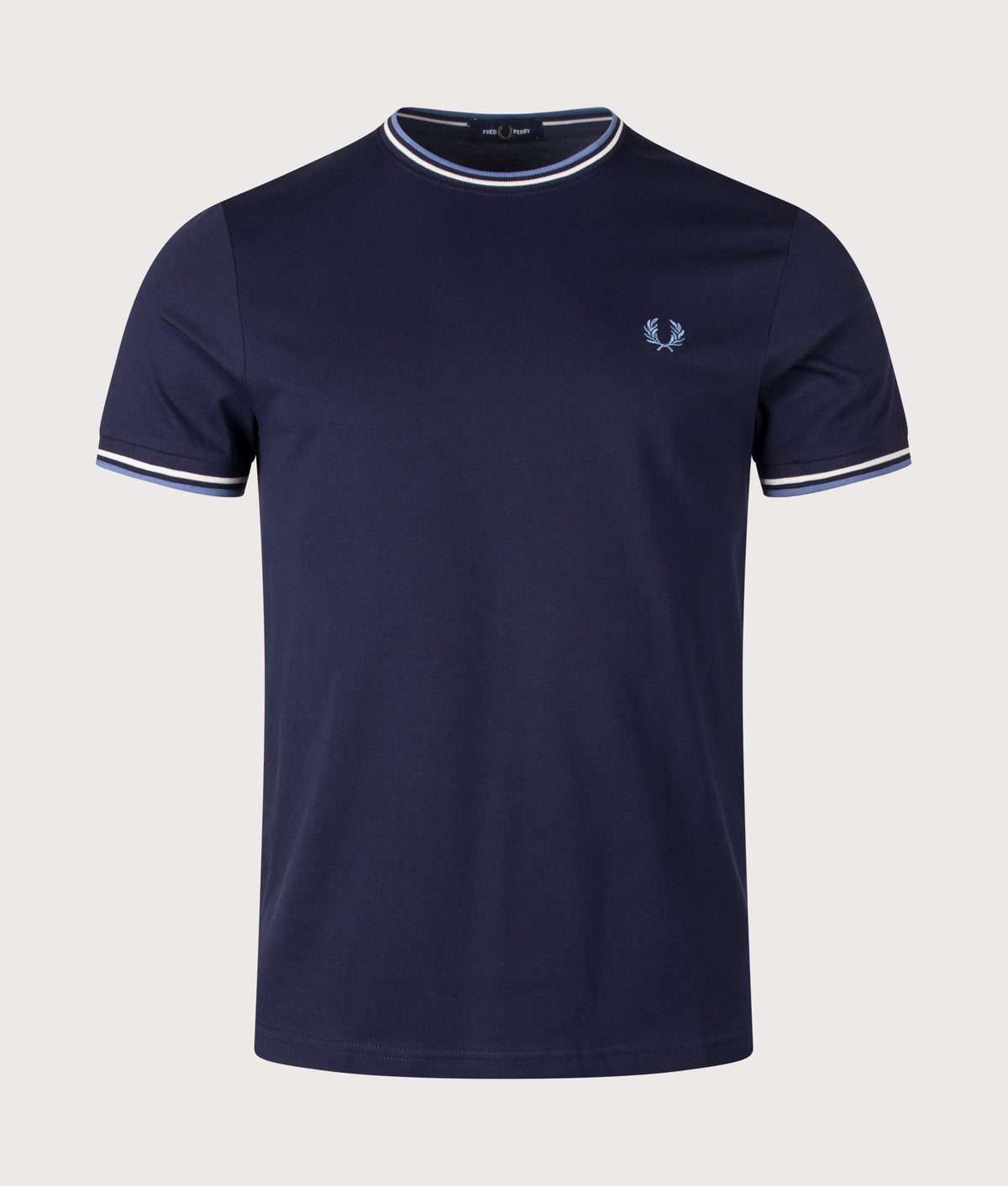 Fred Perry Twin Tipped T-Shirt in Twilight Navy, Ecru and Ace Blue at EQVVS Menswear. Front shot.
