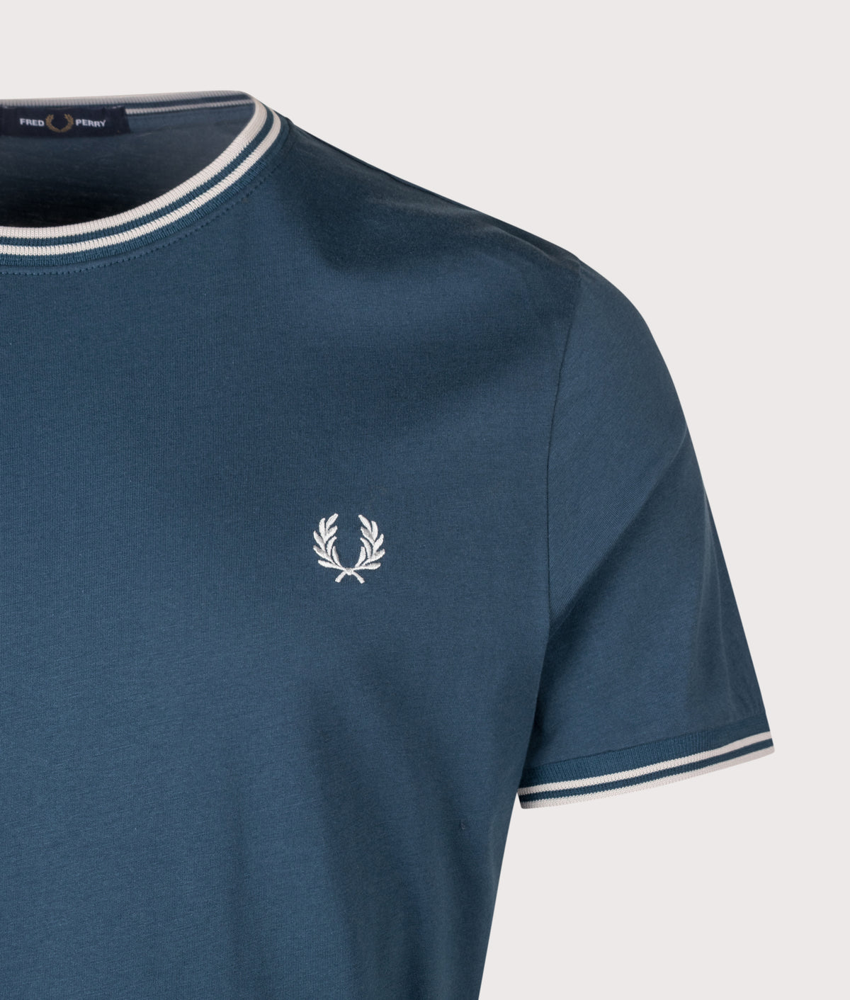  Fred Perry Twin Tipped T-Shirt in Mod Blue and Slate at EQVVS Menswear. Detail shot.