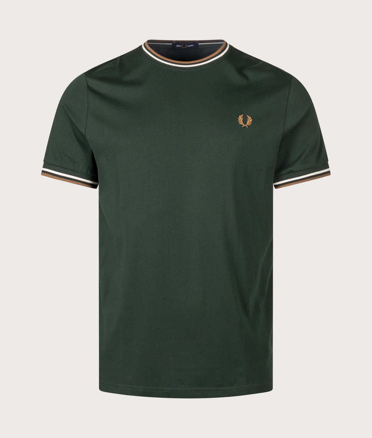 Fred Perry Twin Tipped T-Shirt in Grassroots, Ecru and Bronze at EQVVS Menswear. Front shot.