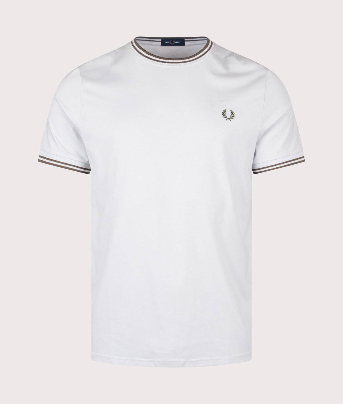 Fred Perry Twin Tipped T-Shirt in Slate and Laurel Wreath Green at EQVVS Menswear. Front shot.