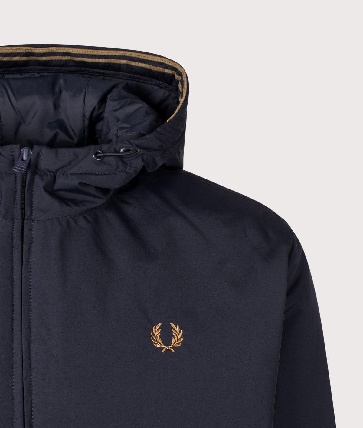Fred Perry Regular Fit Hooded Brentham Jacket in Navy at EQVVS Menswear. Detail shot.