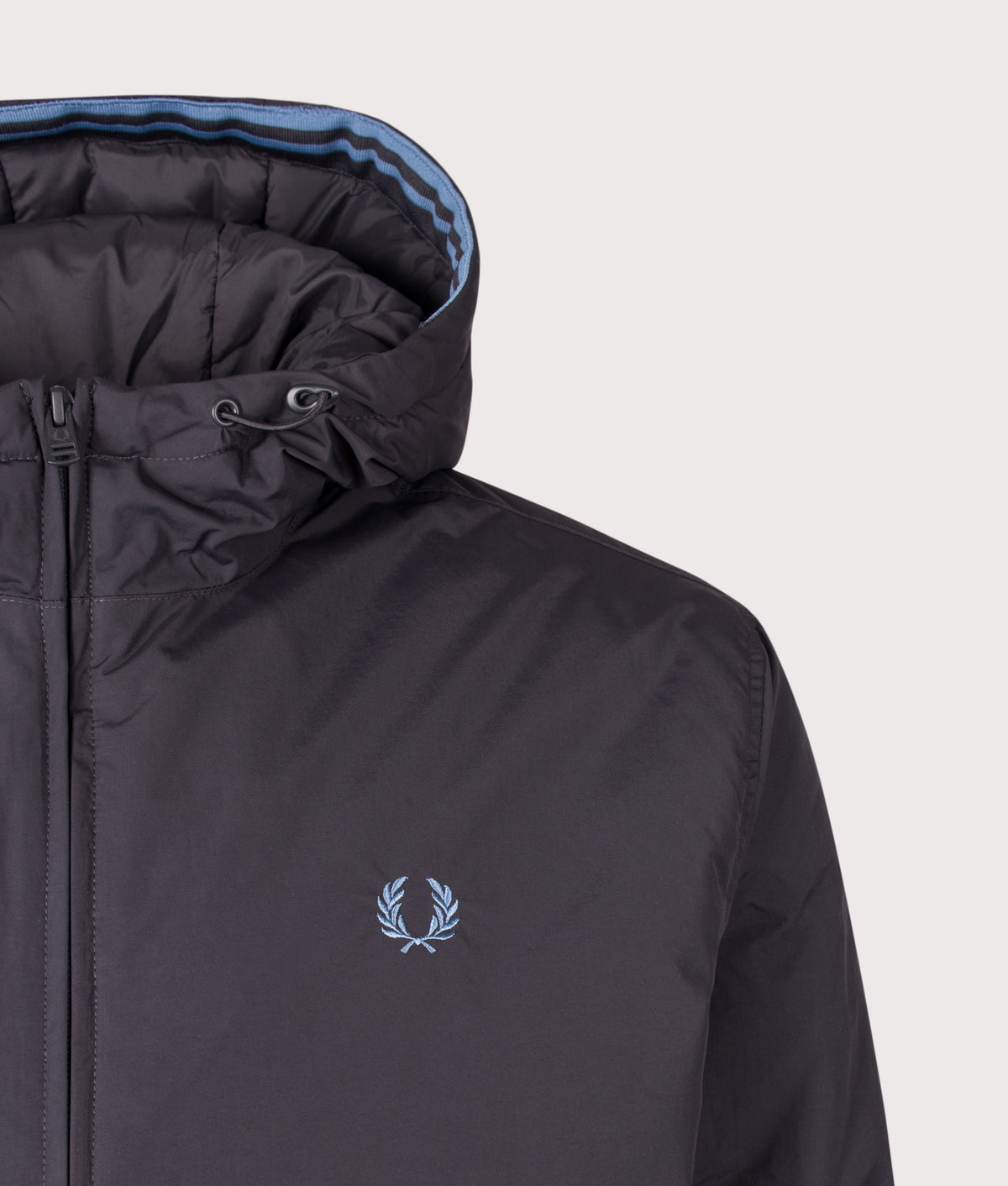 Fred Perry Regular Fit Hooded Brentham Jacket in Anchor Grey at EQVVS Menswear. Detail shot.