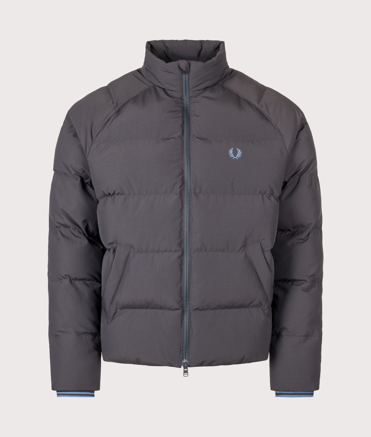 Fred Perry Regular Fit Raglan Sleeve Padded Jacket in Anchor grey at EQVVS Menswear. Front shot.