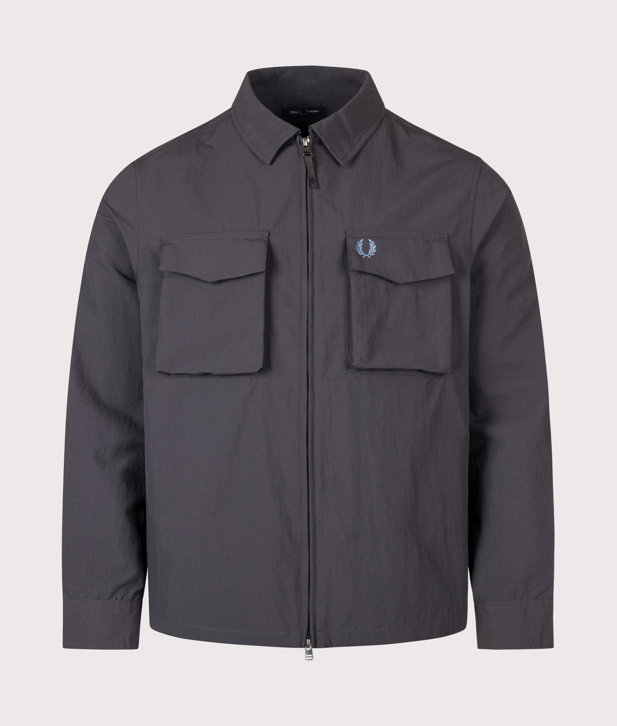 Fred Perry Ripstop Pocket Overshirt in Anchor Grey at EQVVS Menswear. Front shot.