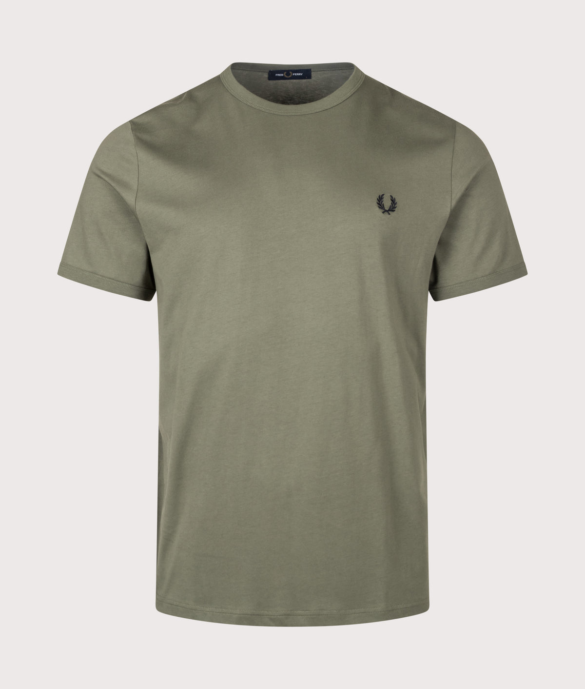 Fred Perry Regular Fit Ringer T-Shirt in Laurel Wreath Green at EQVVS Menswear. Front shot.
