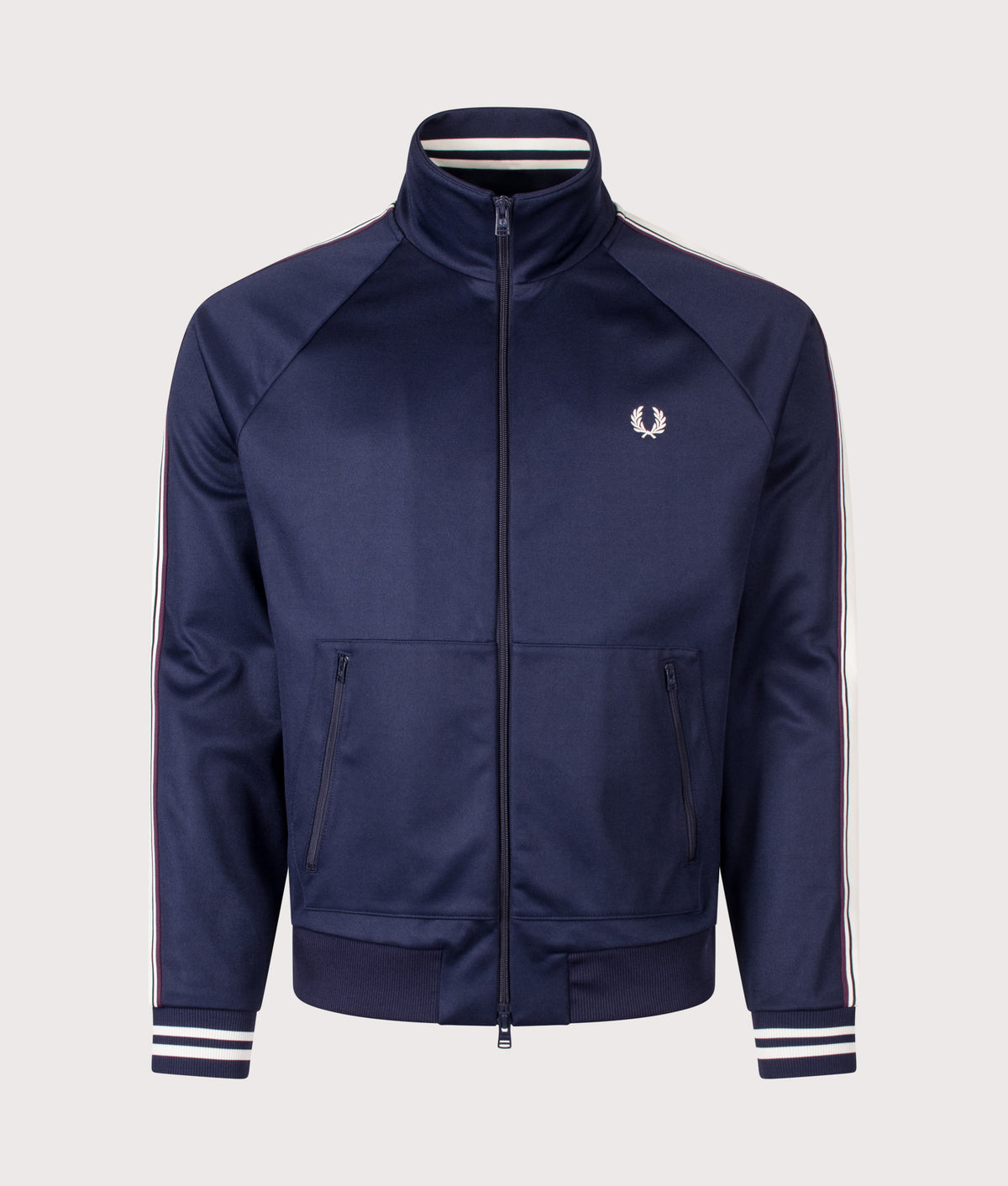 Fred Perry Regular Fit Bold Tipped Track Jacket in Twilight Navy at EQVVS Menswear. Front shot.