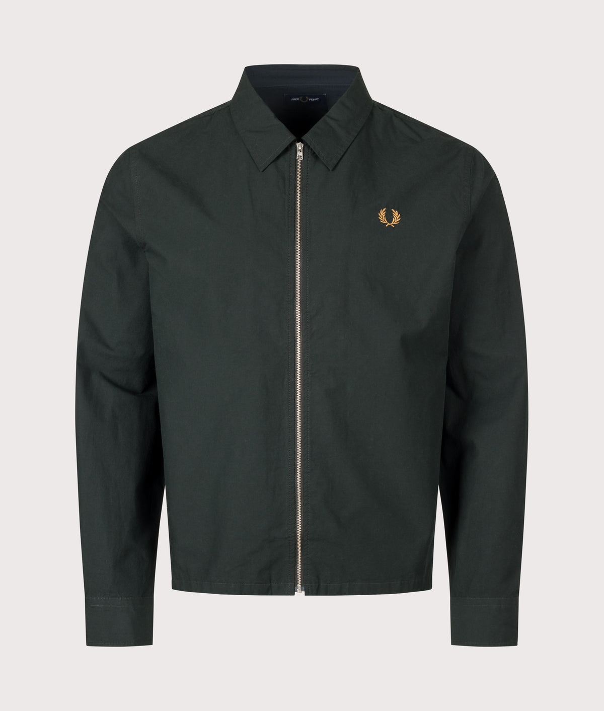 Fred Perry Regular Fit Zip Through Poplin Overshirt in Night Green at EQVVS Menswear. Front shot.