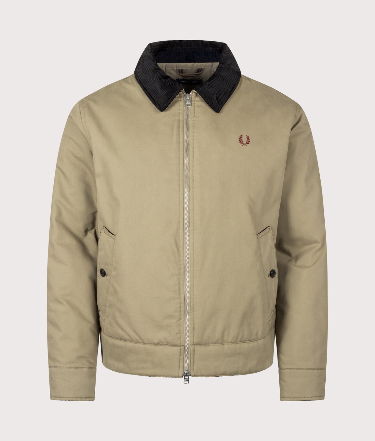 Fred Perry Regular Fit Cotton Caban Jacket in Golden Khaki at EQVVS Menswear. Front shot.