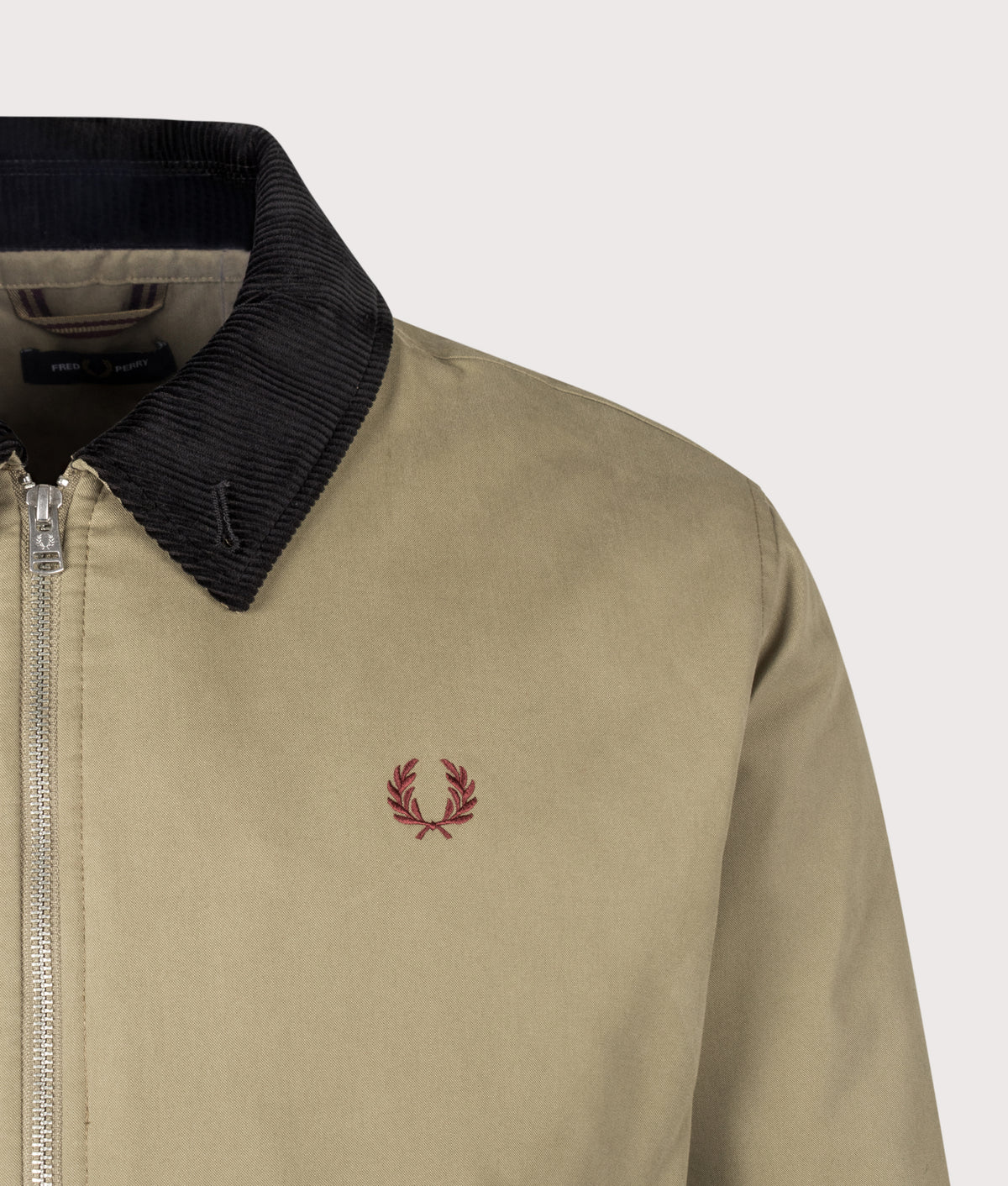 Fred Perry Regular Fit Cotton Caban Jacket in Golden Khaki at EQVVS Menswear. Detail shot.