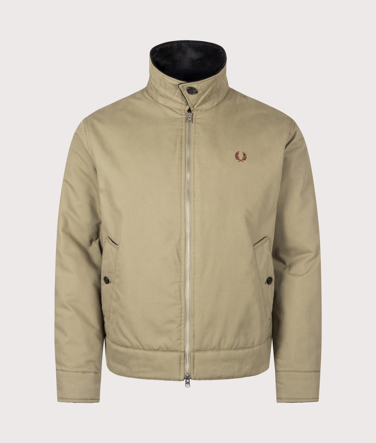 Fred Perry Regular Fit Cotton Caban Jacket in Golden Khaki at EQVVS Menswear. Collar up shot.