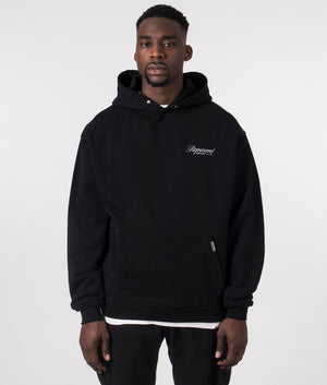 Represent Owners Club Script Hoodie in Black by Represent at EQVVS. Front Detail Model Shot. 