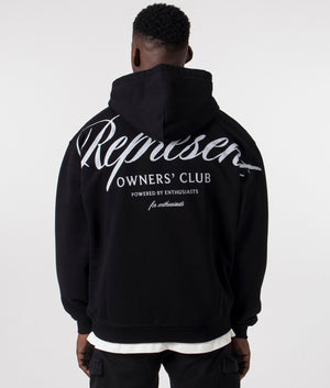 Represent Owners Club Script Hoodie in Black by Represent at EQVVS. Back Detail Model Shot. 
