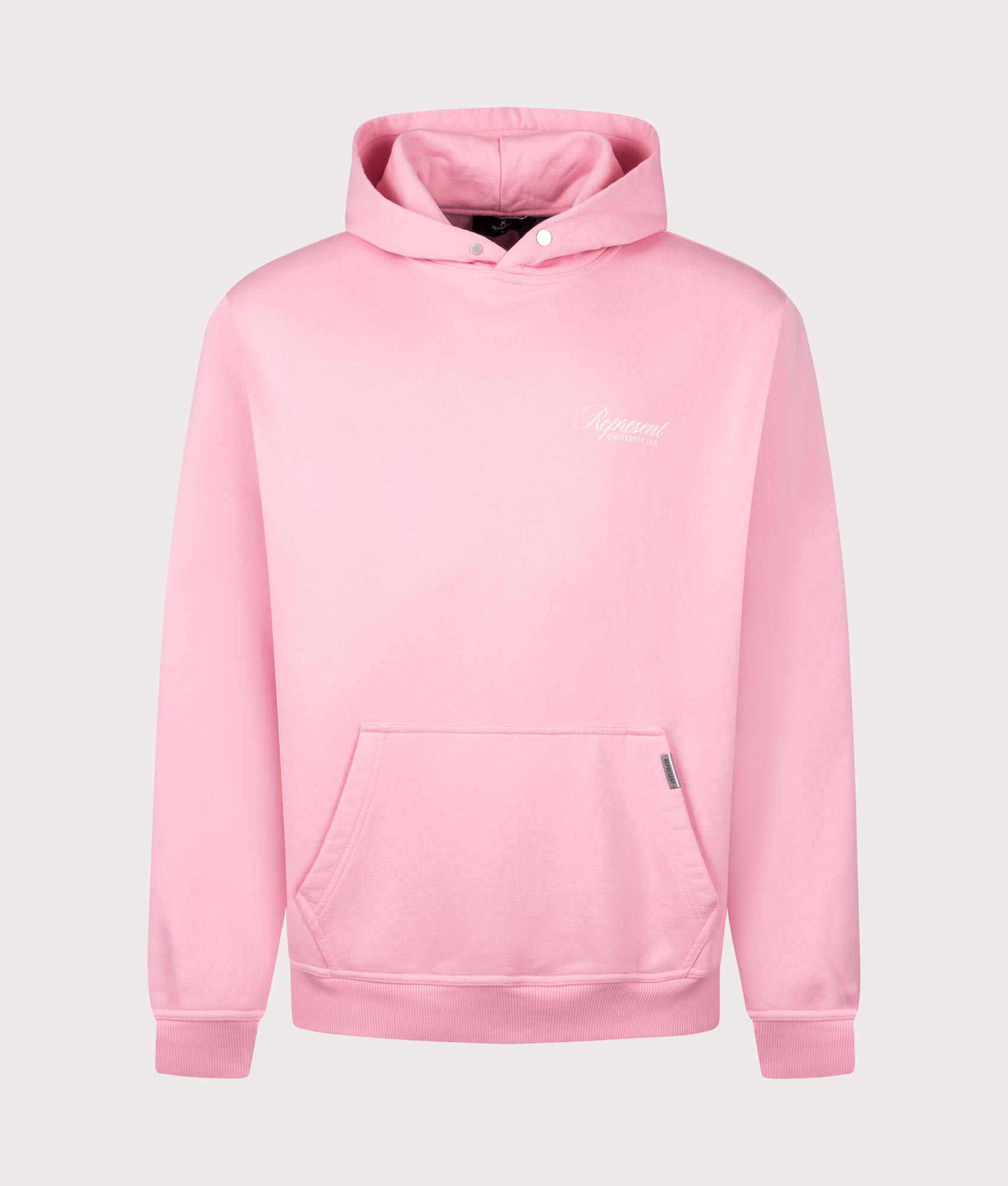 Represent Owners Club Script Hoodie in Pink by Represent at EQVVS. Front Detail Shot. 