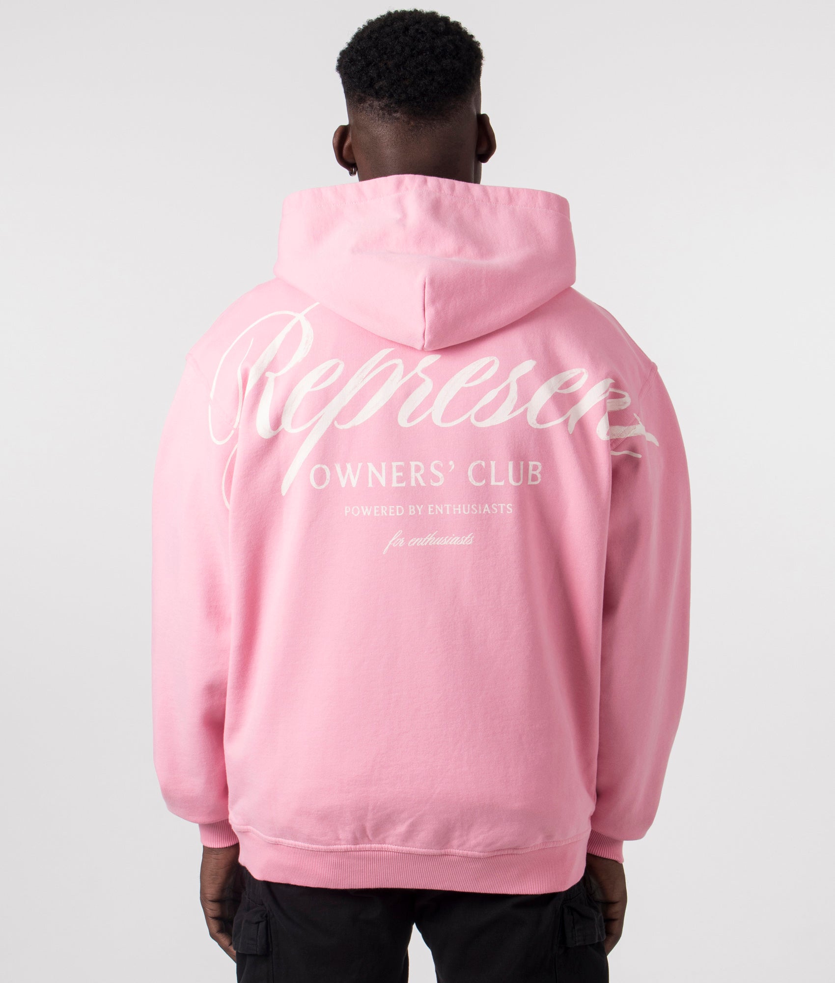 Represent Owners Club Script Hoodie in Pink by Represent at EQVVS. Back Detail Model Shot. 