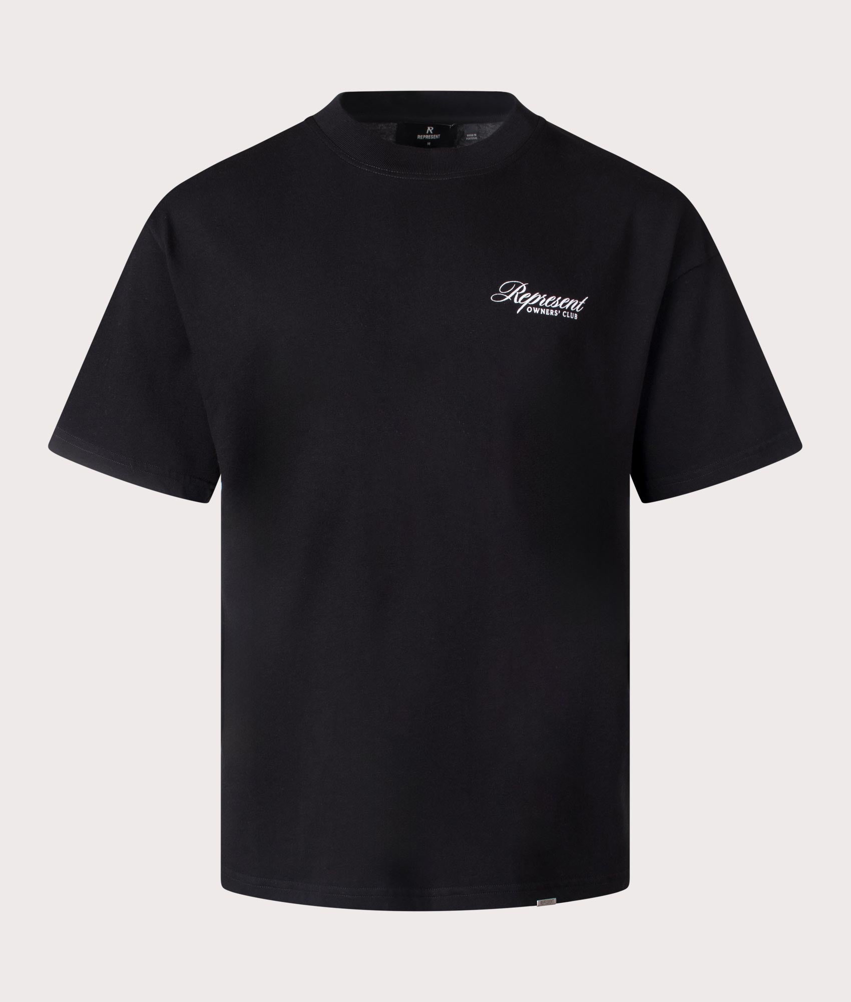 Represent Owners Club Script T-Shirt in Black by Represent at EQVVS. Front Detail Shot.