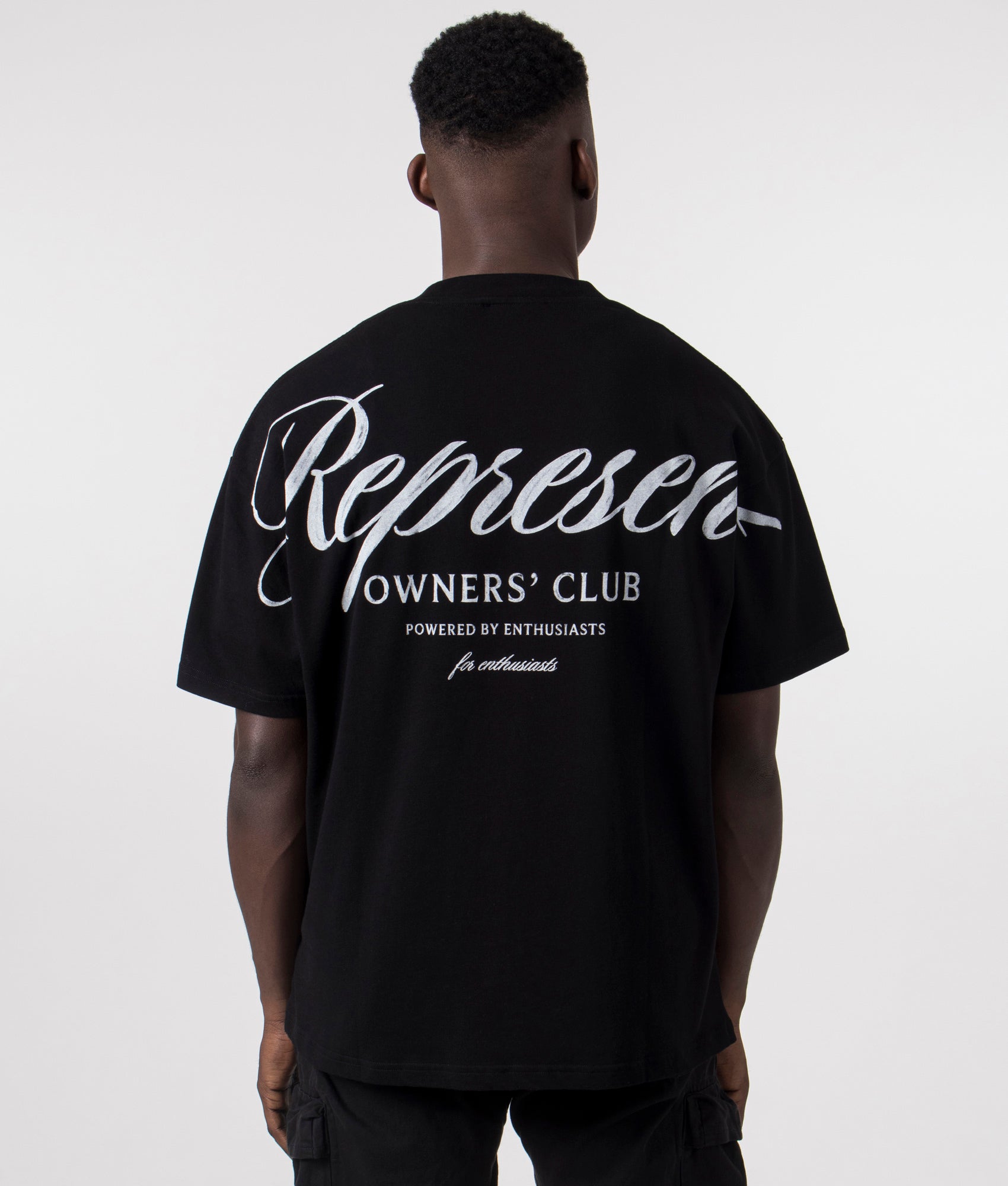 Represent Owners Club Script T-Shirt in Black by Represent at EQVVS. Back Detail Model Shot.