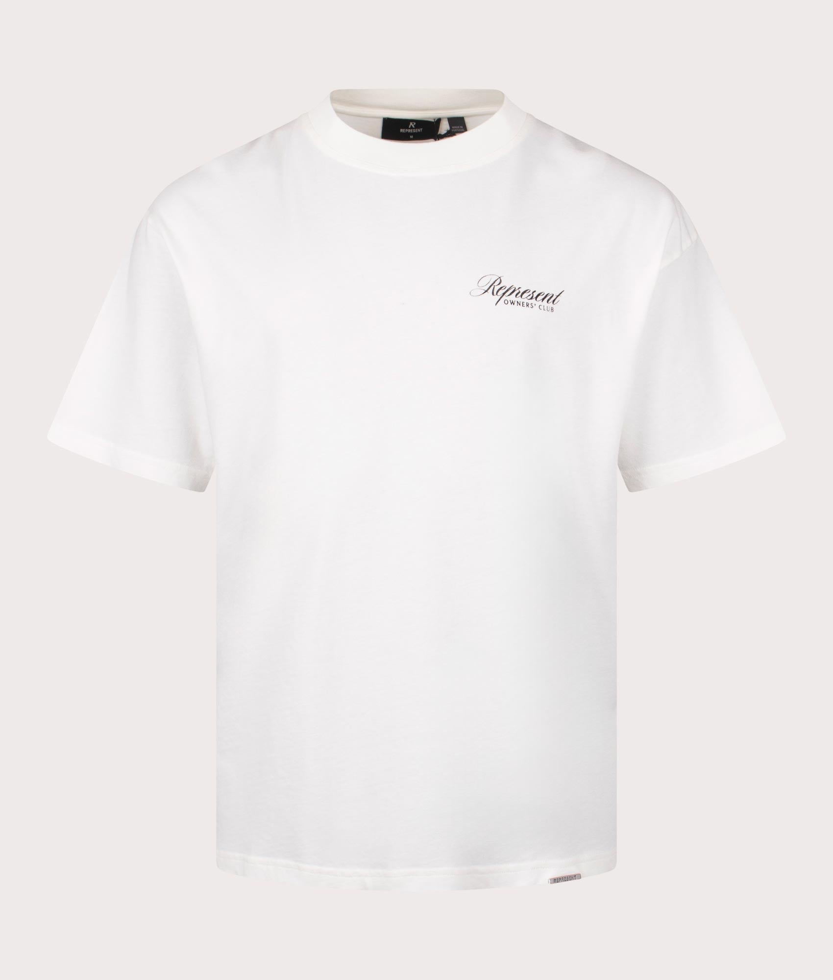 Represent Owners Club Script T-Shirt in Flat White by Represent at EQVVS. Front Detail Shot. 