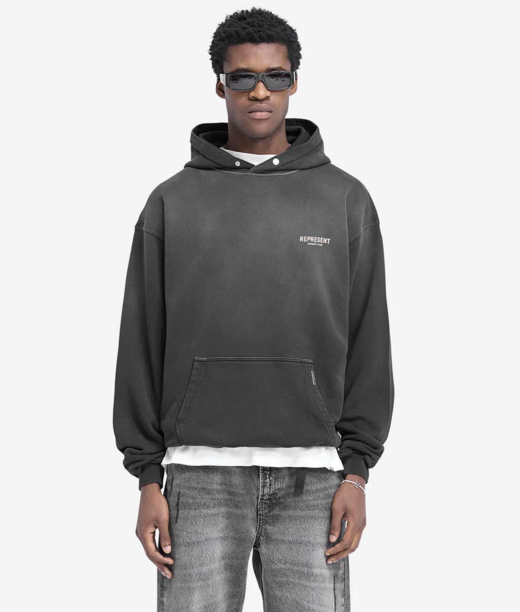 Represent Owners Club Hoodie. Shot by EQVVS. Front Model Shot.