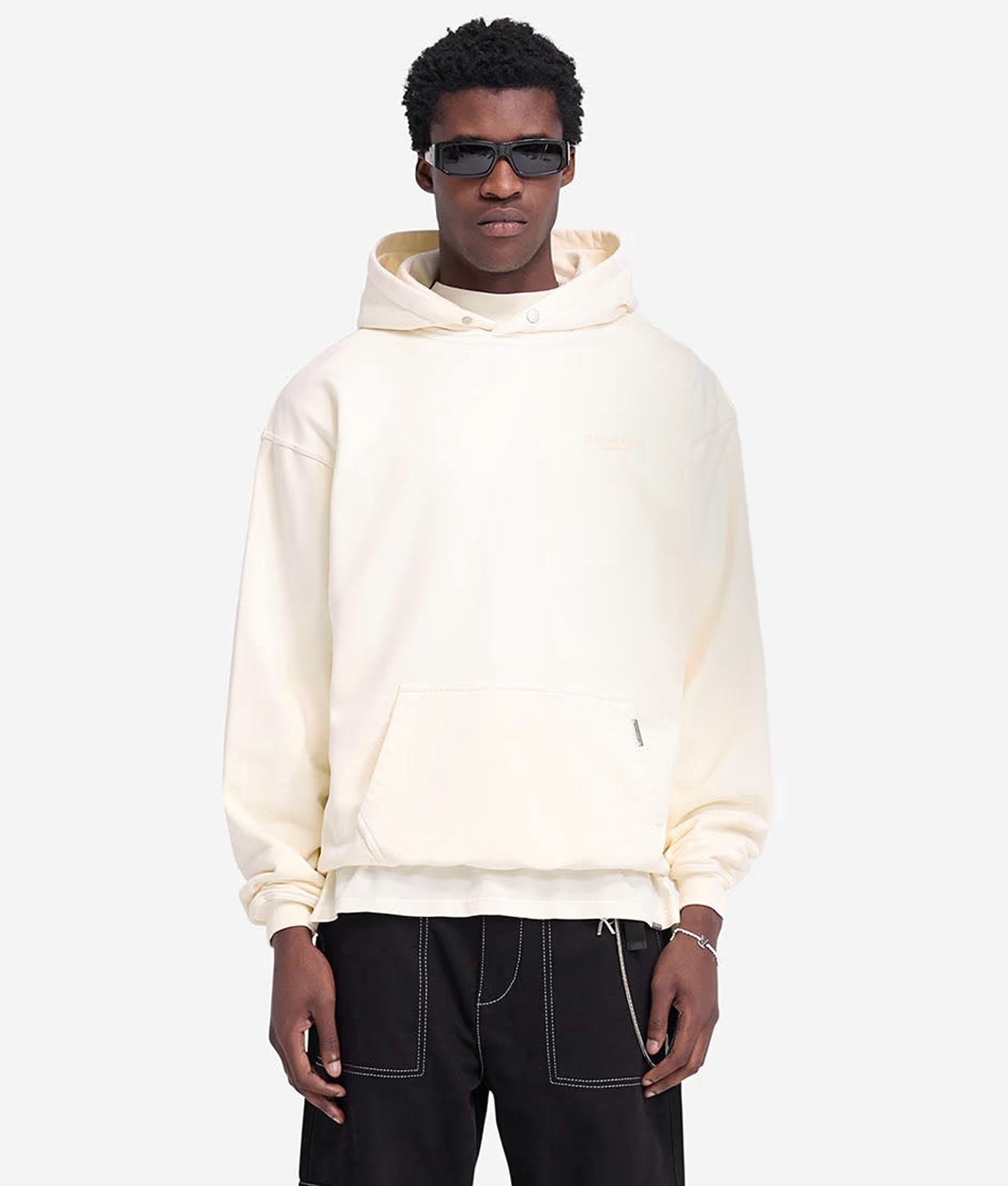 Represent Owners Club Hoodie. Shot by EQVVS. Front Model Shot.