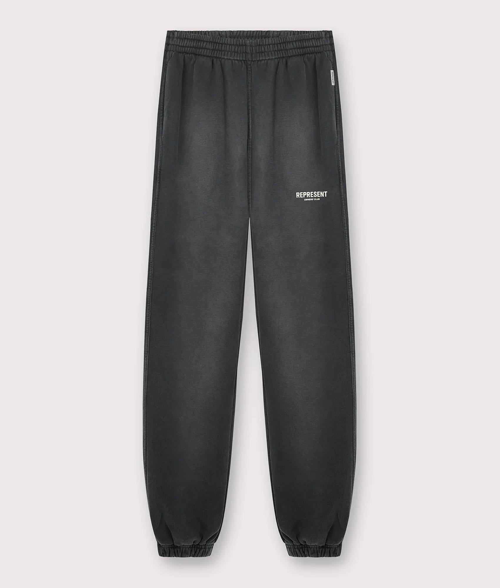 REPRESENT Relaxed Fit Represent Owners Club Joggers in Aged Black at EQVVS Menswear. Flat shot.