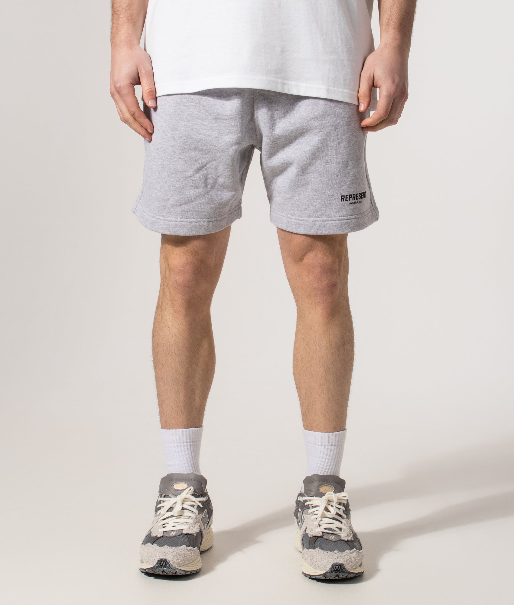 Relaxed Fit Owners Club Shorts in Ash Grey/Black | 100% Cotton | REPRESENT | Front model shot 