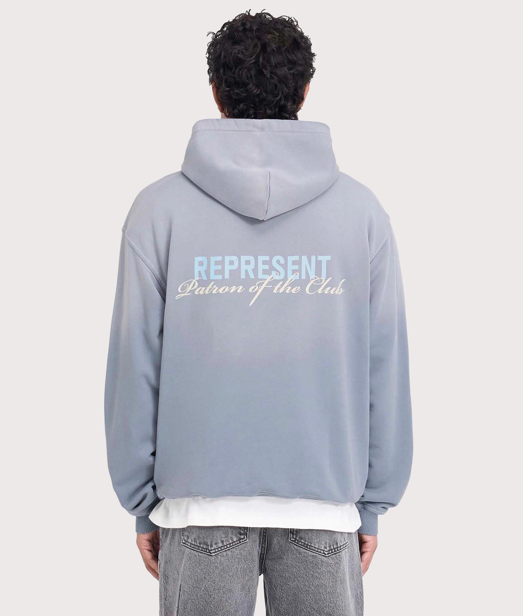 REPRESENT Patron Of The Club Hoodie in washed grey at EQVVS Menswear. Model back shot.
