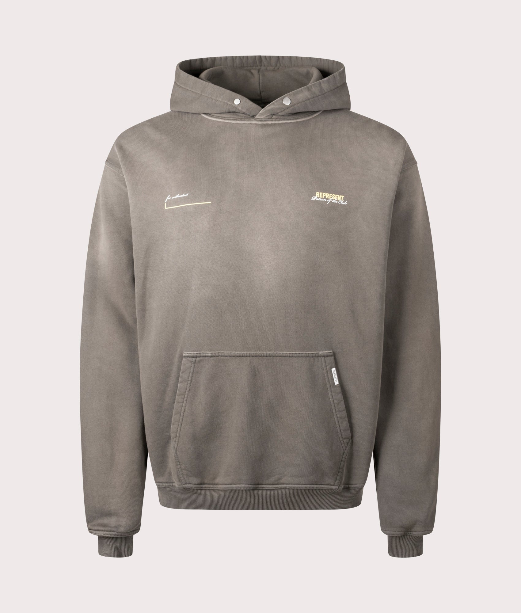 Washed Olive Patron of the Club Hoodie by REPRESENT. Shot at EQVVS.  Mannequin front shot. 