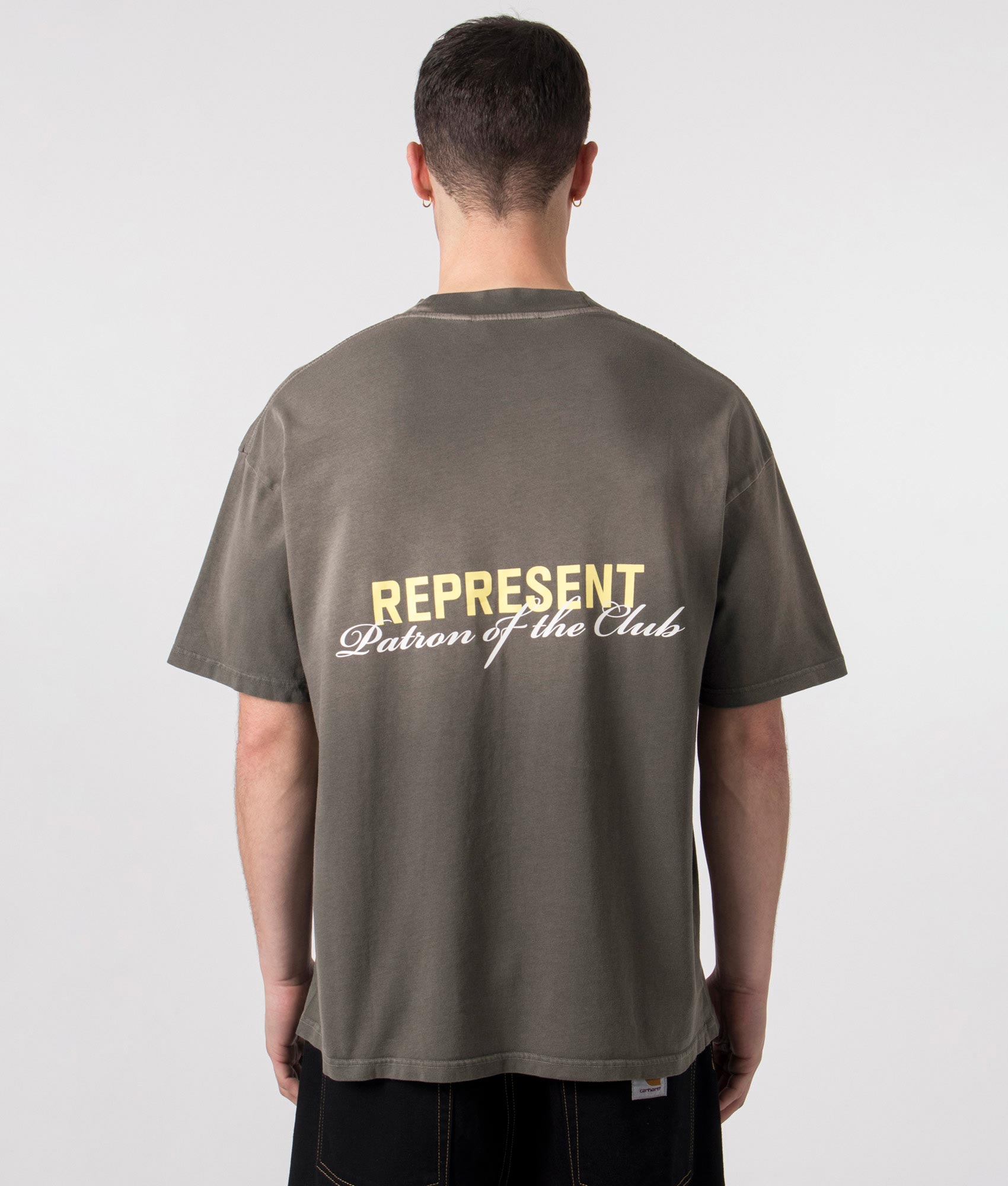 REPRESENT Patron of the Club T-Shirt in Washed Olive. Shot at EQVVS. Back shot. 