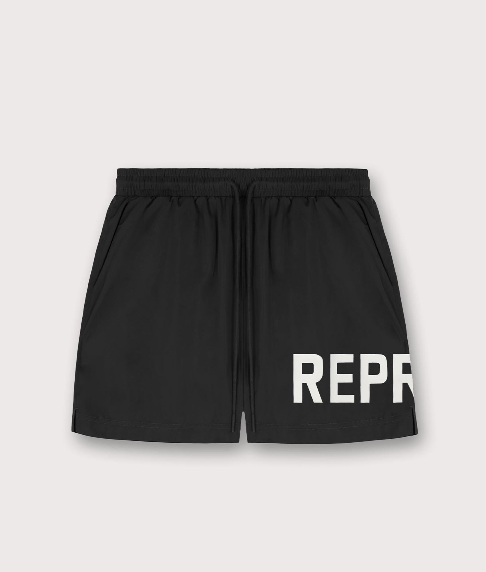 Polo Ralph Lauren Represent Swim Shorts in Black. Shot at EQVVS. Flat front shot 