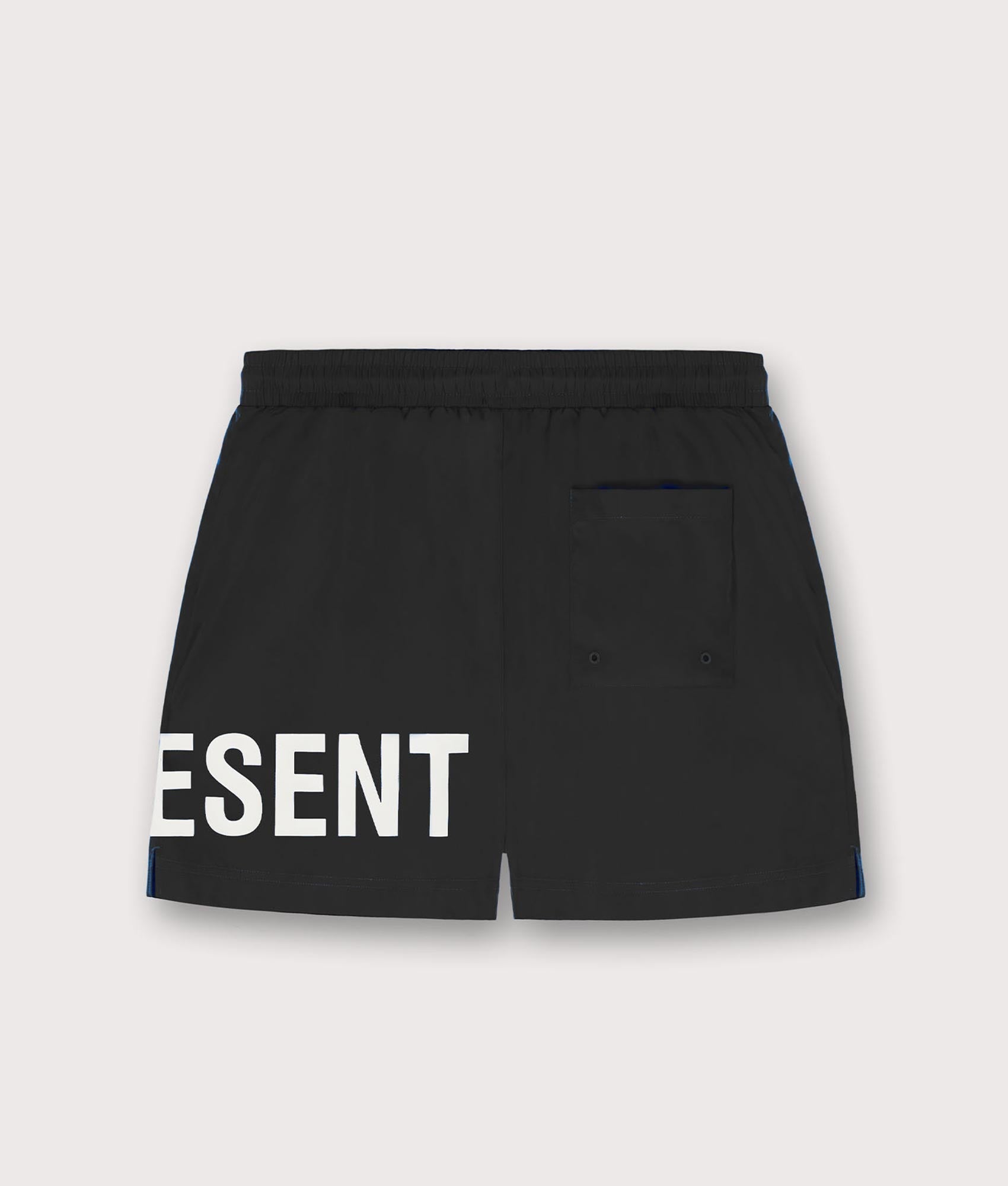 Polo Ralph Lauren Represent Swim Shorts in Black. Shot at EQVVS. Flat back shot 