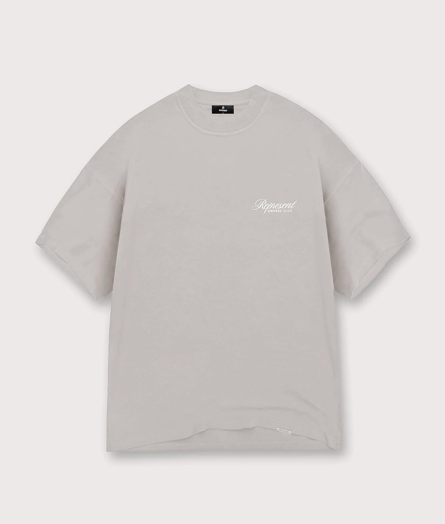 REPRESENT Oversized Represent Owners Club Script T-Shirt in Slate at EQVVS Menswear. Front shot.