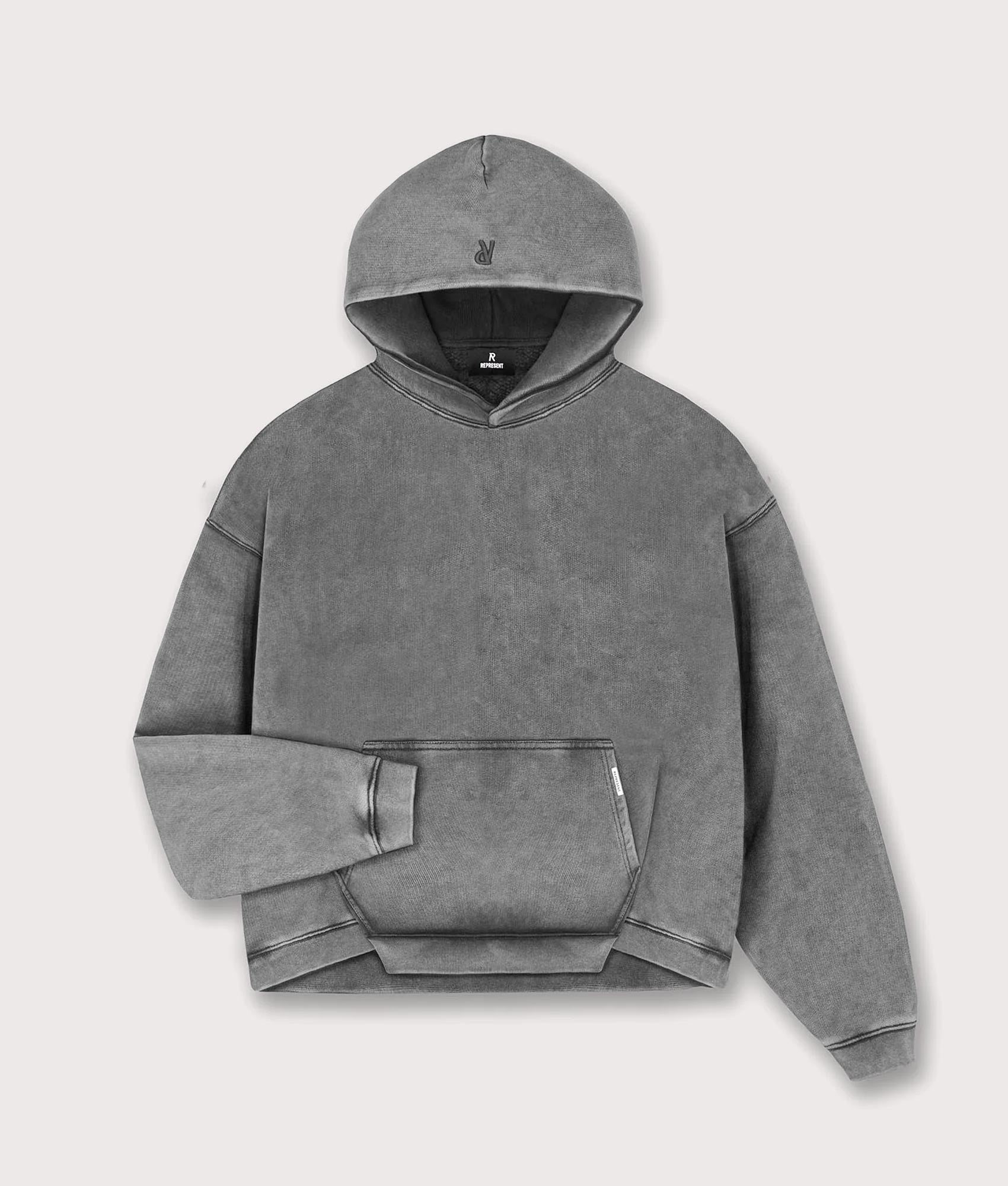 REPRESENT Initial Boxy Hoodie in Vintage Grey at EQVVS Menswear. Front shot.