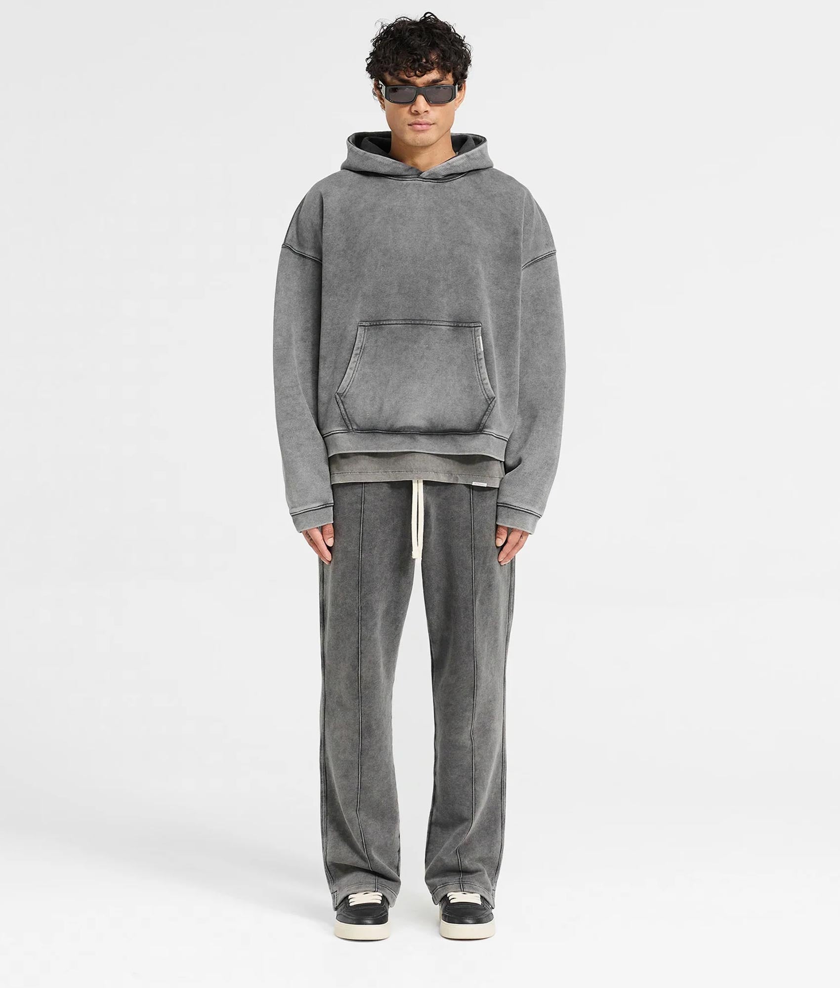 REPRESENT Initial Boxy Hoodie in Vintage Grey at EQVVS Menswear. Model full front shot.