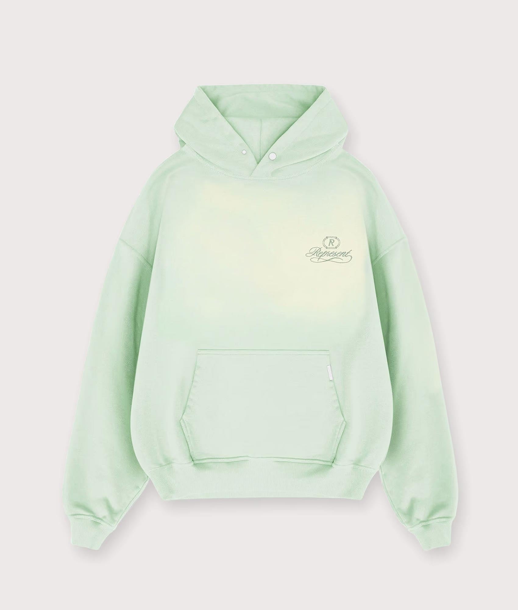 Represent Grand Vintage Hoodie in Sage Green at EQVVS Menswear. Front shot. 