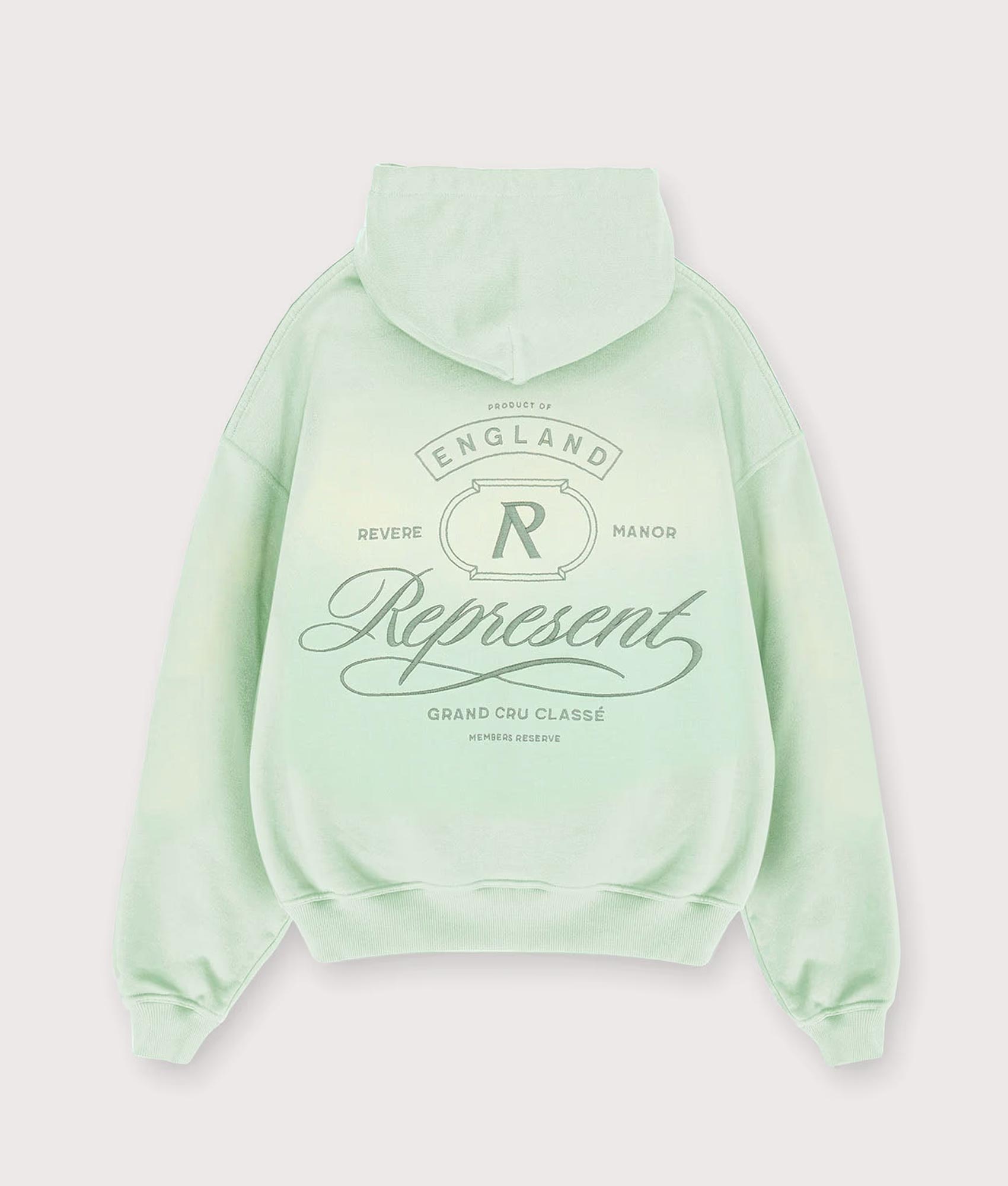Represent Grand Vintage Hoodie in Sage Green at EQVVS Menswear. Back shot.