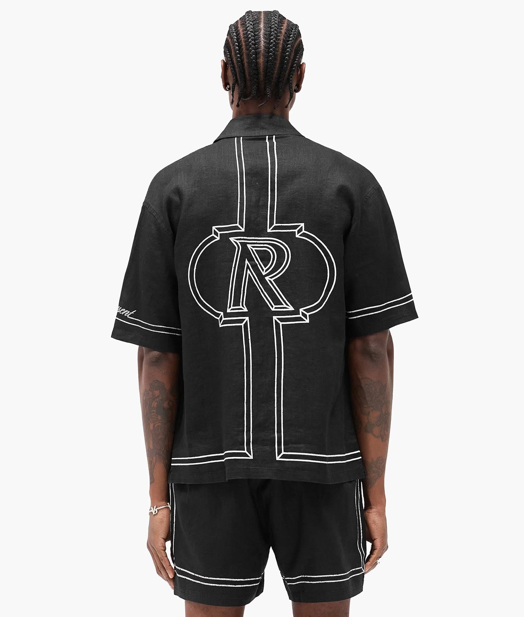 Border Shirt. Shot by EQVVS. Model back shot.