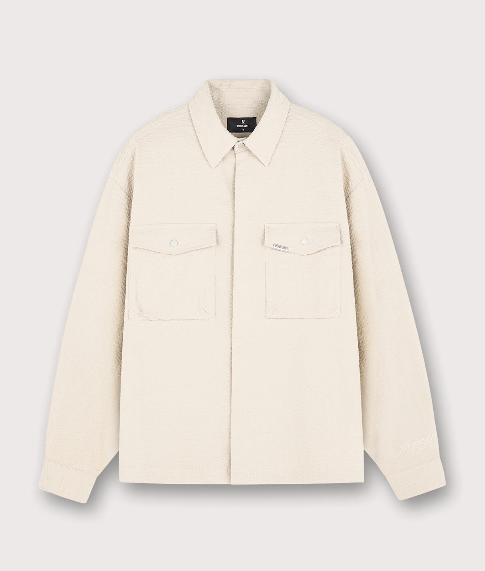 Represent Textured Long Sleeve Shirt in Champagne at EQVVS Menswear. Front shot.