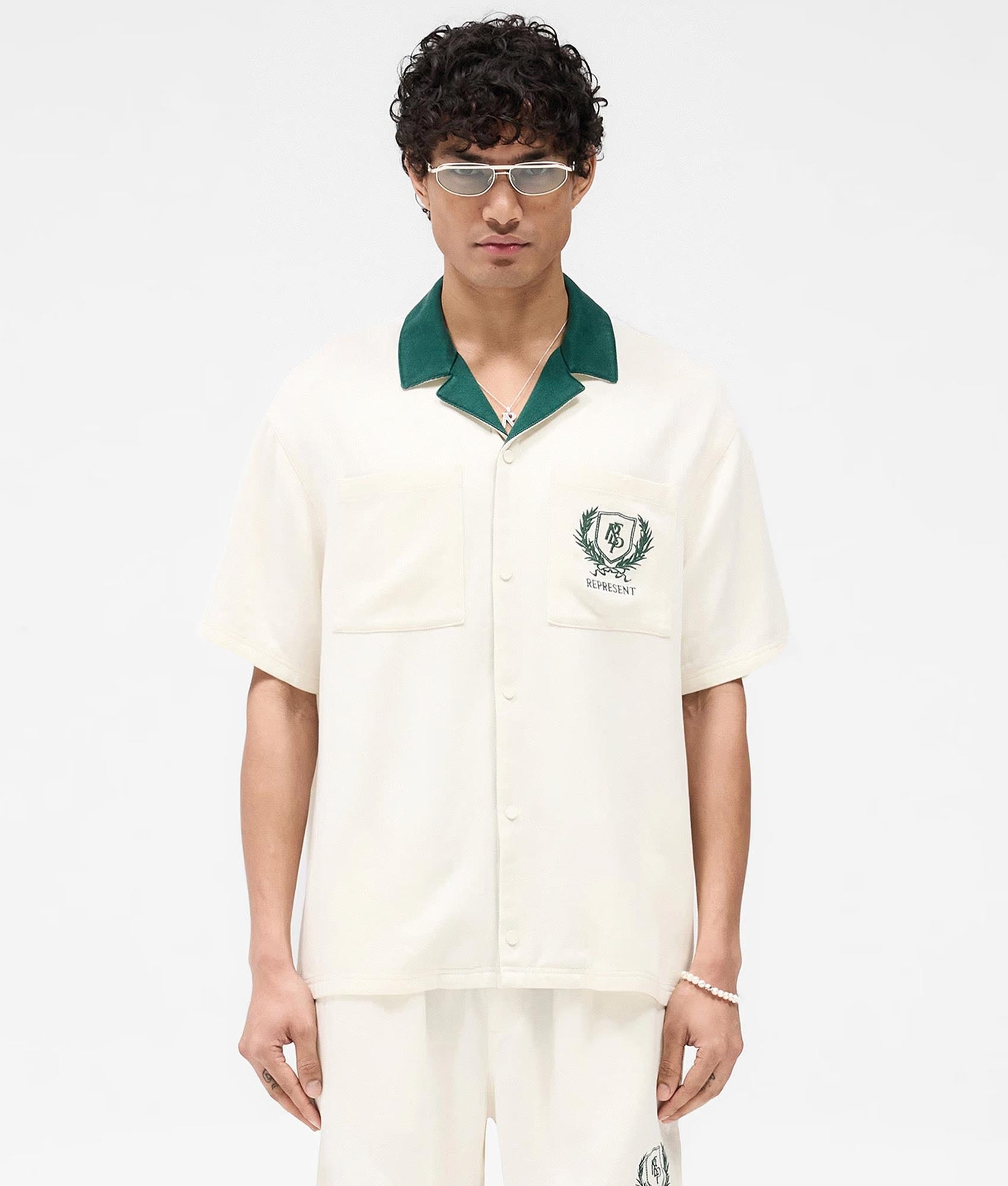 Oversized Represent Crest Shirt. Shot by EQVVS. Front Model Shot