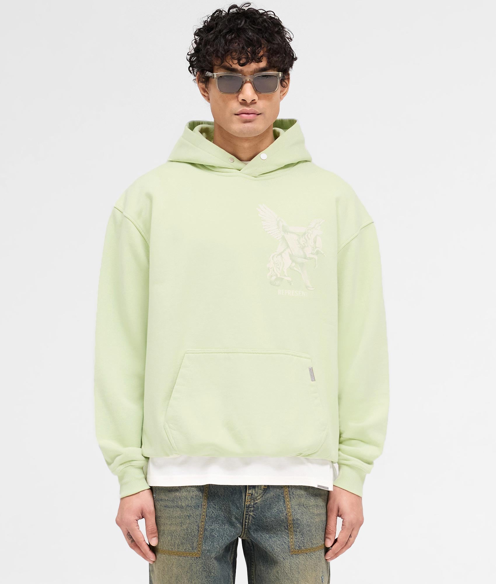 REPRESENT Elegance In Motion Hoodie in Matcha. Shot at EQVVS.  Front model shot.