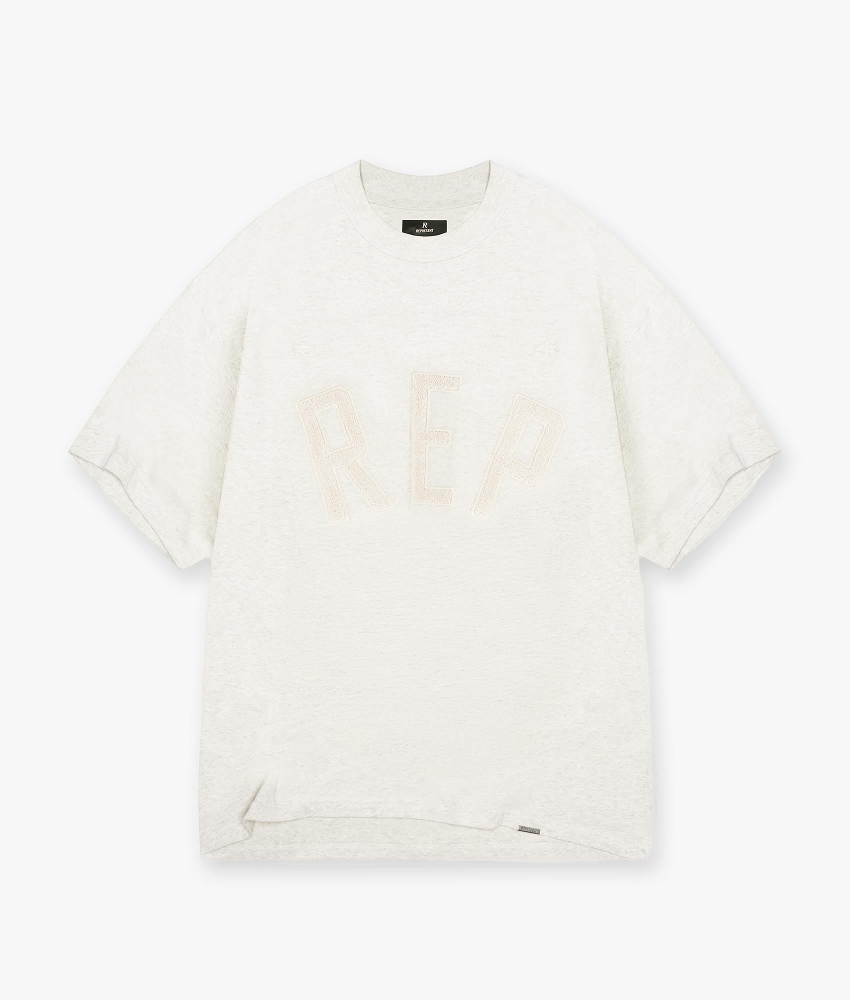 REPRESENT Rep Applique T-Shirt in Cream Marl. Shot at EQVVS.  Flat shot. 