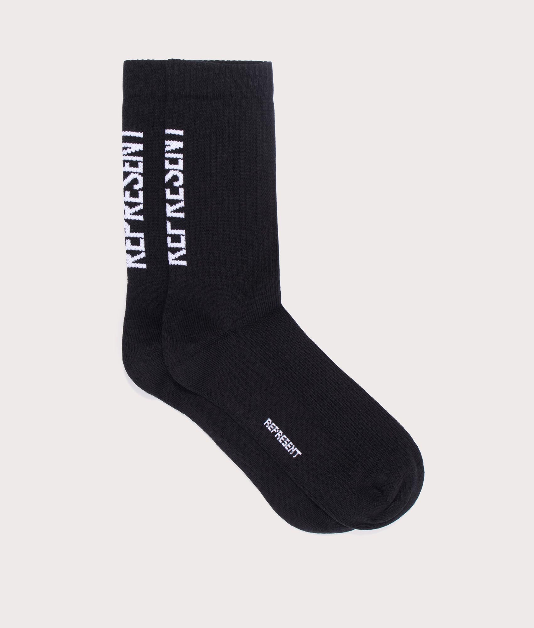 Represent  Represent 2 Pack Logo Socks in Jet Black. Shot at EQVVS.  Side shot 