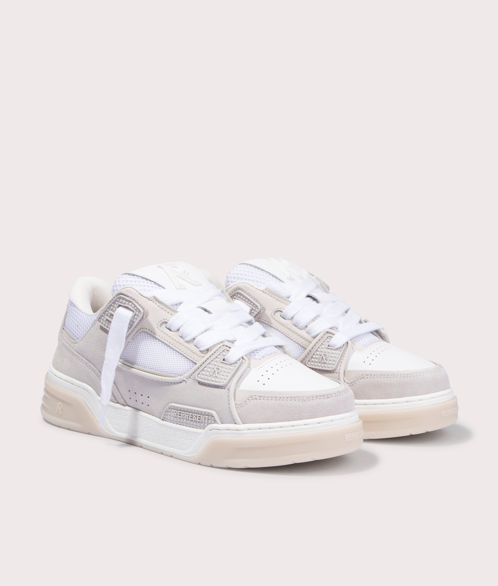 Represent  Studio Mesh Sneakers in Vintage White. Shot at EQVVS. Front angle shot 