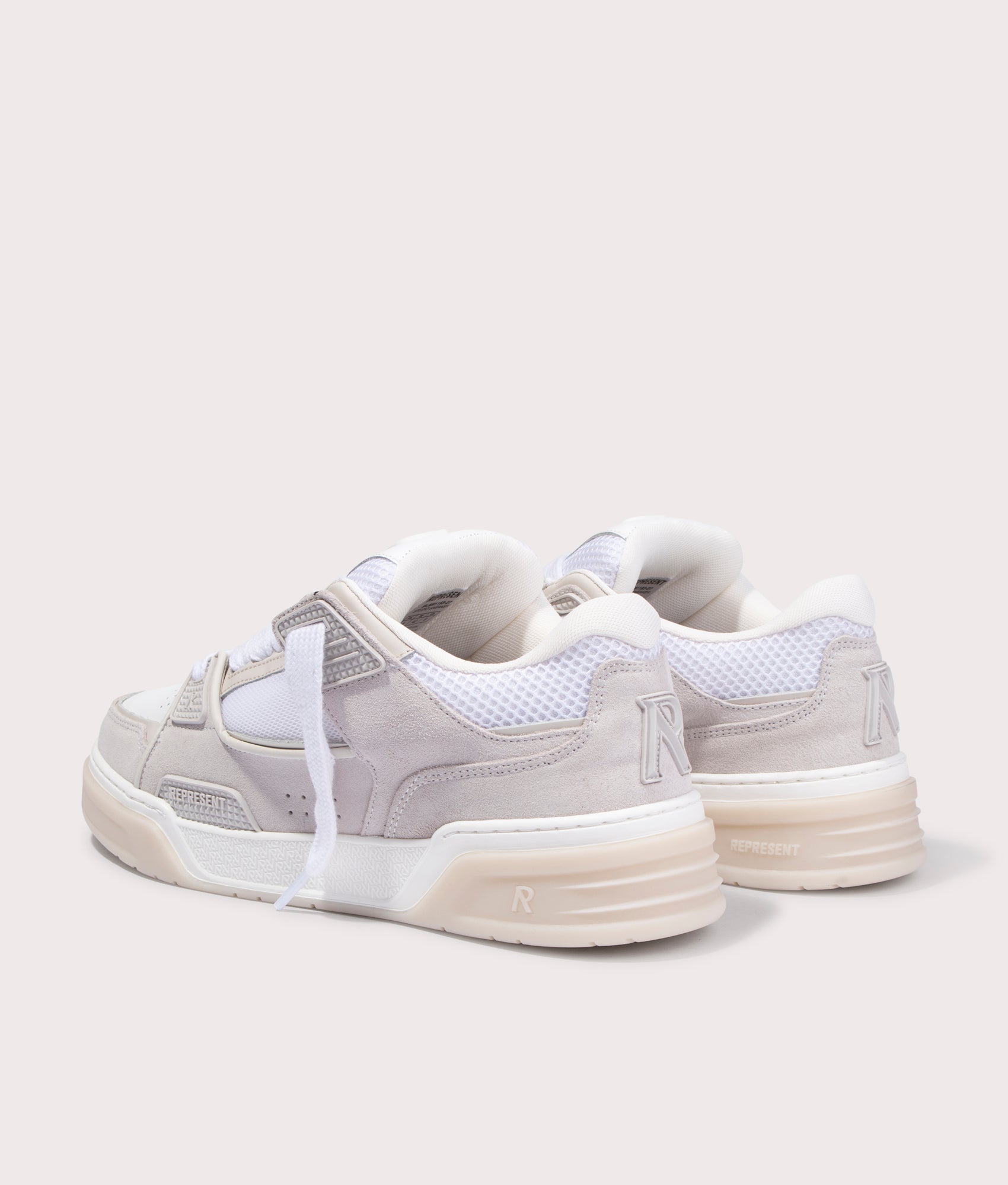 Represent  Studio Mesh Sneakers in Vintage White. Shot at EQVVS. Back angle shot 