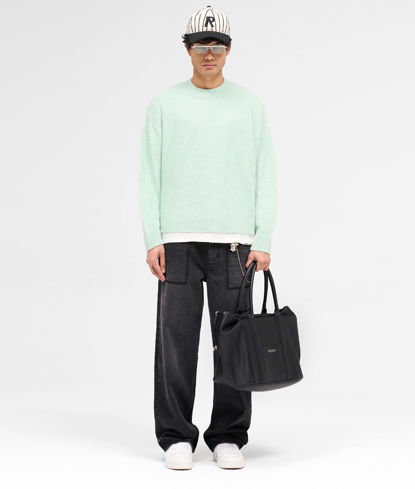 REPRESENT Marled Knit Jumper in Matcha. Shot at EQVVS.  Model full shot. 