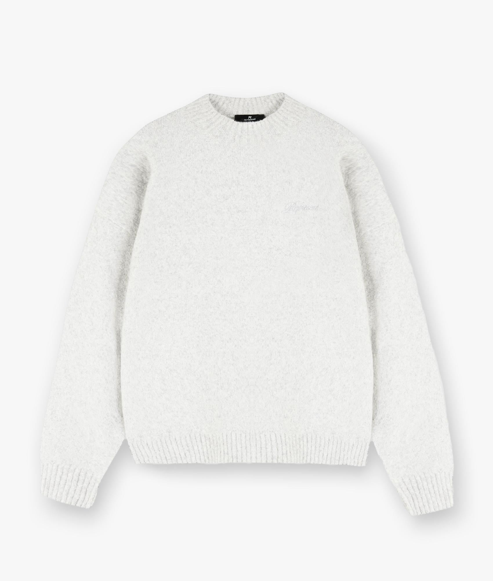 REPRESENT Marled Knit Jumper in Ice Grey Marl. Shot at EQVVS.  Flat shot. 