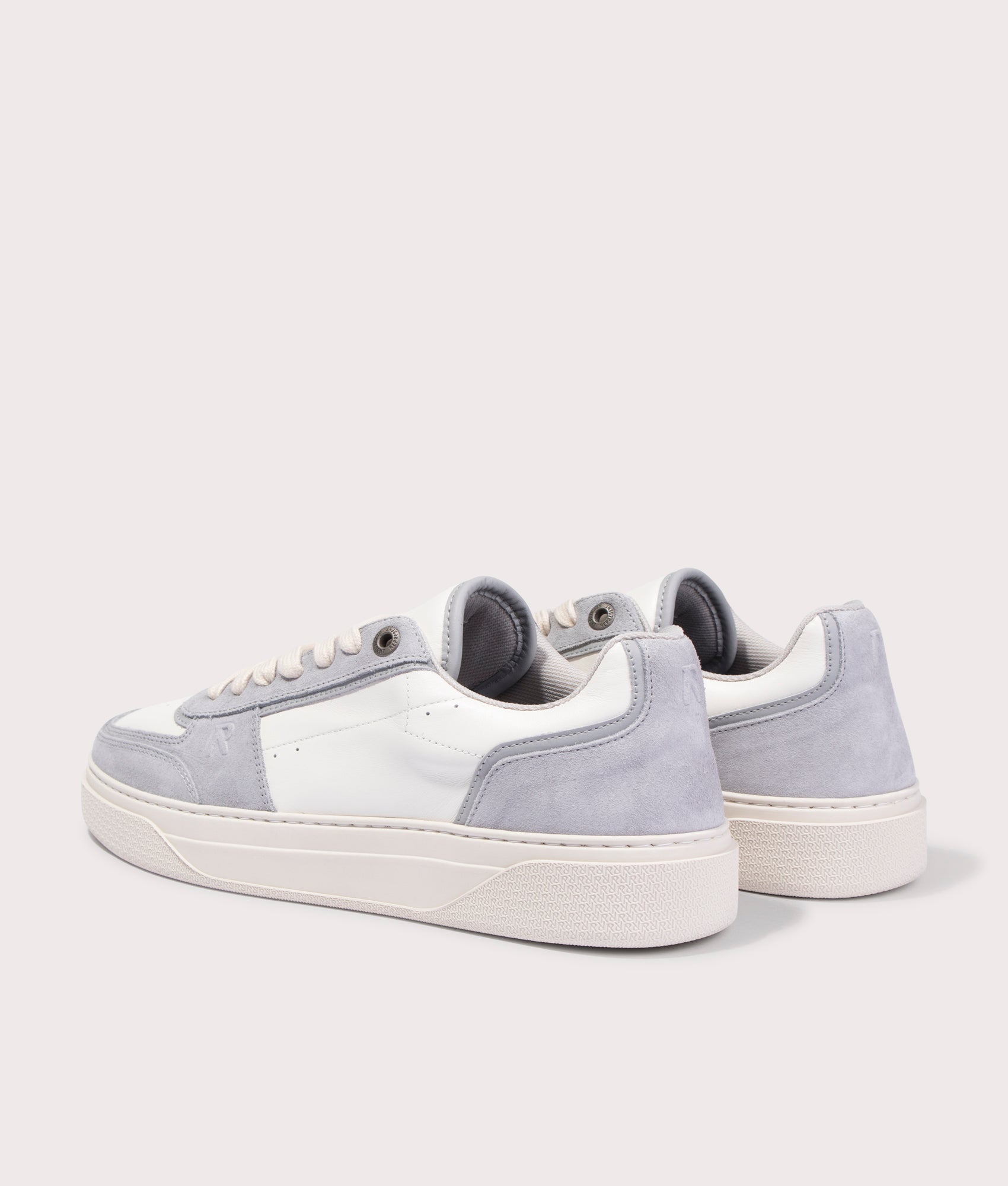 REPRESENT Initial Suede Sneakers in Light Grey and Flat White. EQVVS Back Shot.